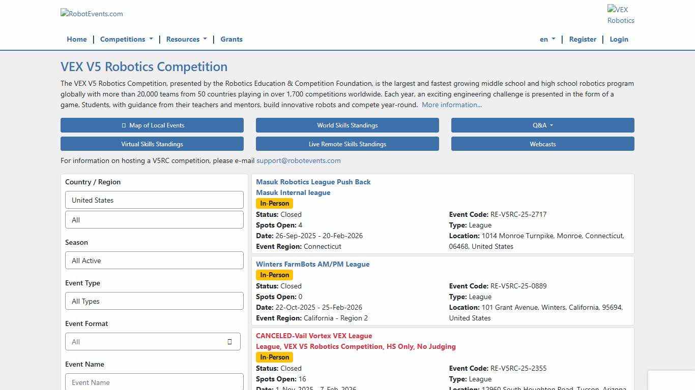 VEX V5 Robotics Competition : Robot Events