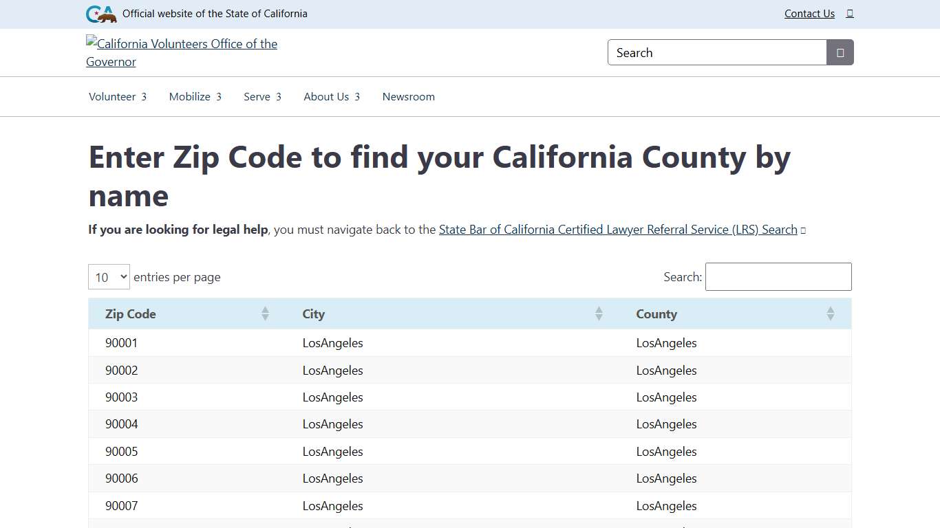Look up your county by zip code California Volunteers